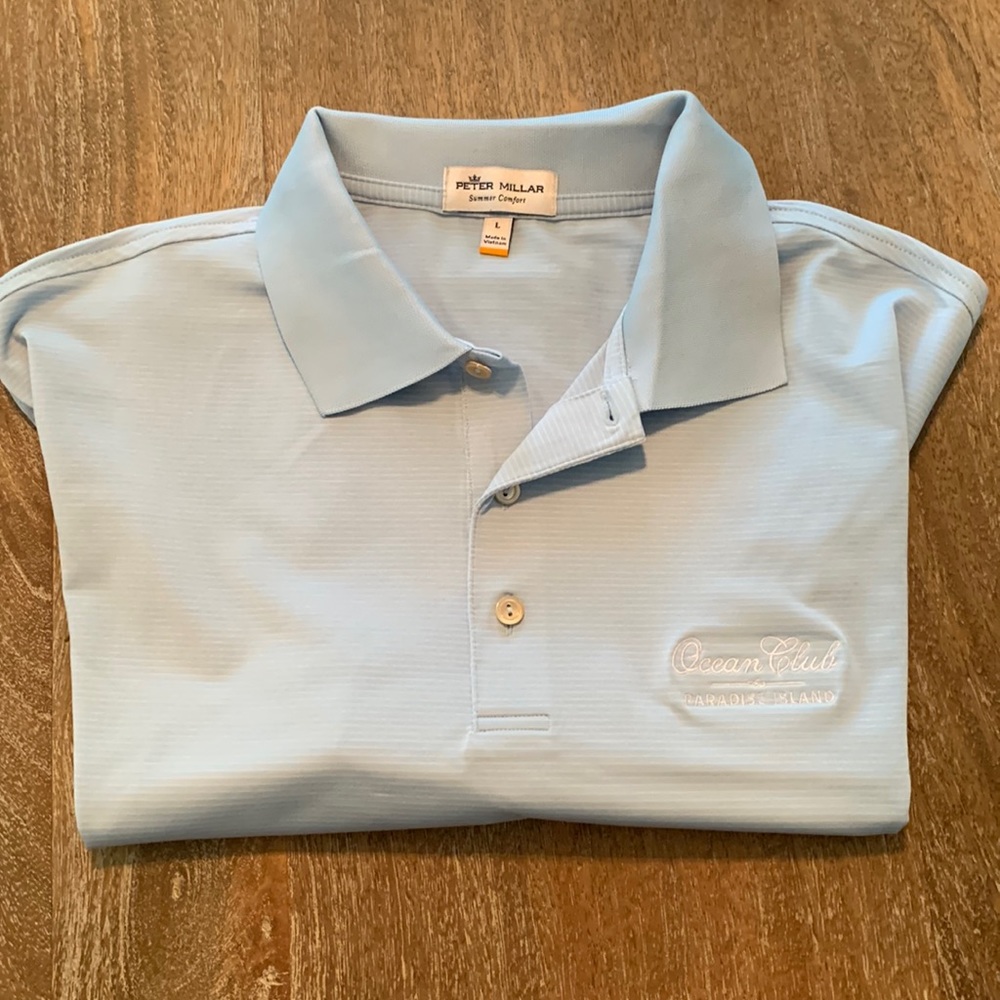Large Peter Millar Summer Comfort Polo in Light Blue with White Stripes